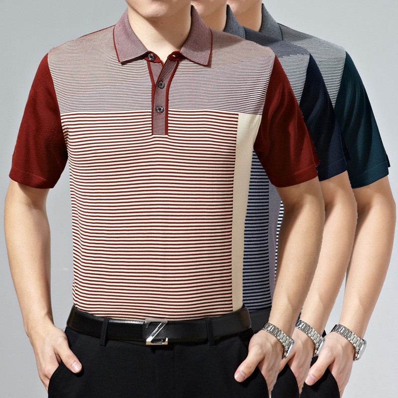 thin stripes business men's T-shirt short sleeve jacquard - TiaNex