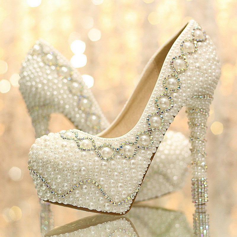 fashion grace design pearl bead crystal shoes wedding bride high heel ...
