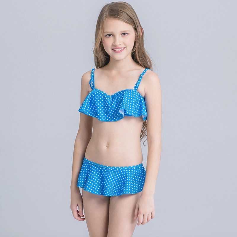 white dot print blue girl swimwear