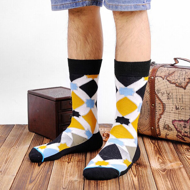 2015 new design casual cotton lengthen printing men's high socks