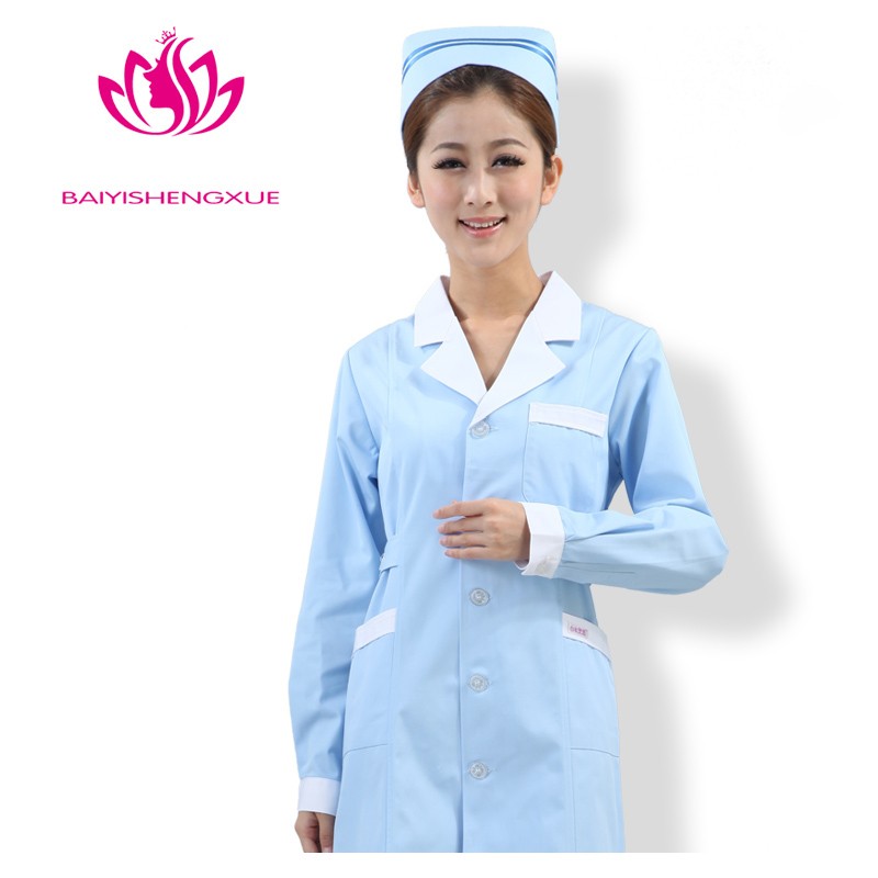 long sleeve white hem collar female nurse care center uniform coat
