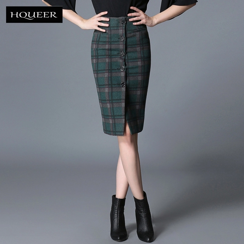 office style wool winter plaid skirt