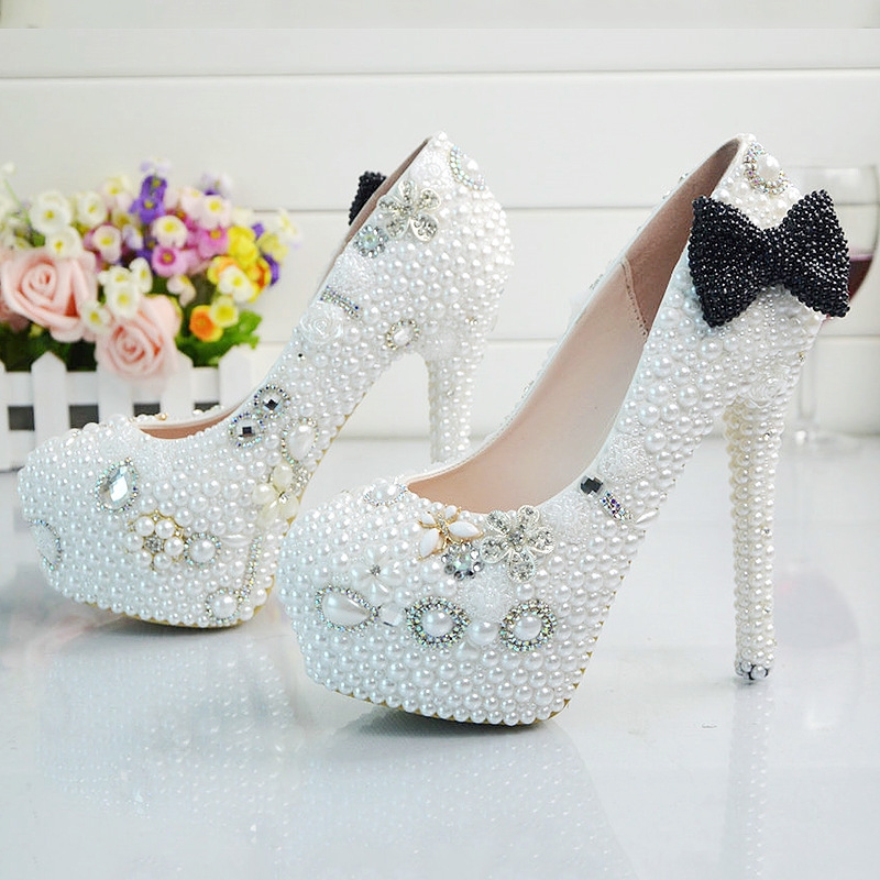 2018 black-bow  bride shoes women wedding  crystal shoes pumps