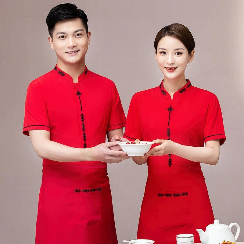 2025 Chinese red summer half sleeve chinese style waiter waitress blouse uniform cheap