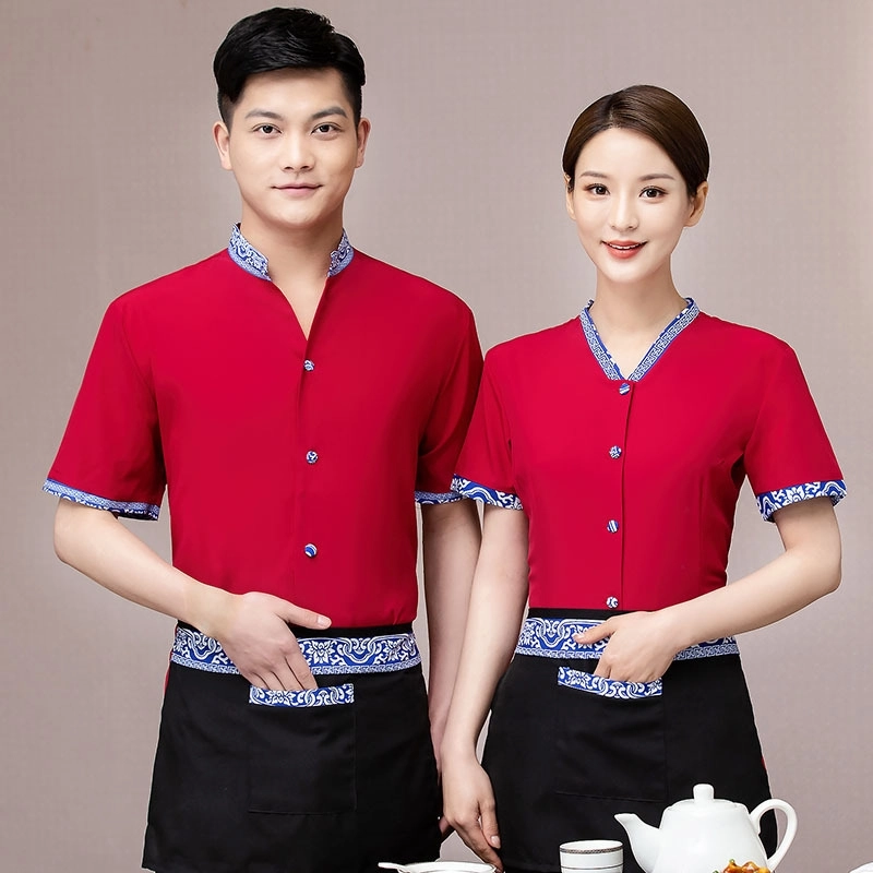 2025 Chinese red summer half sleeve waiter waitress blouse uniform factory cheap