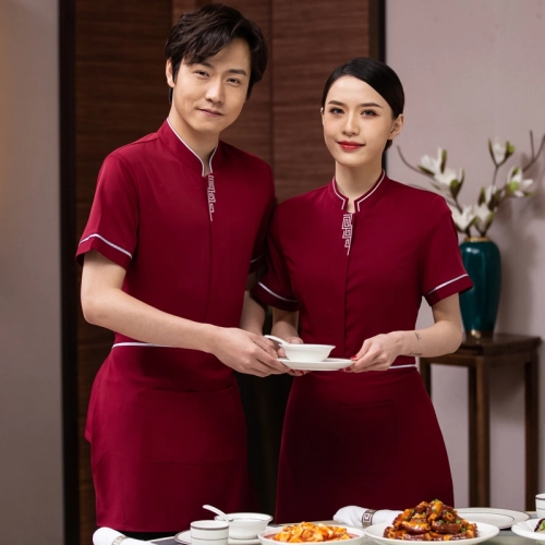 2022  Chinese tranditional style tea house staff  half sleeve  waitress  waiter blouse uniform