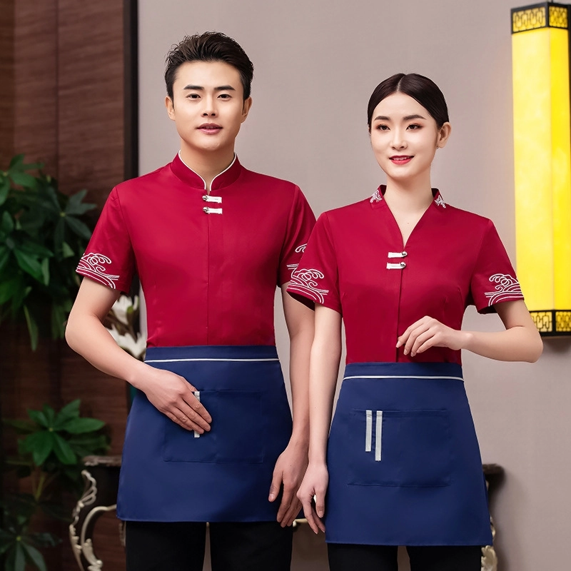 2025 new design navy waitress waiter tea house Chinese food restarant staff uiform with spon