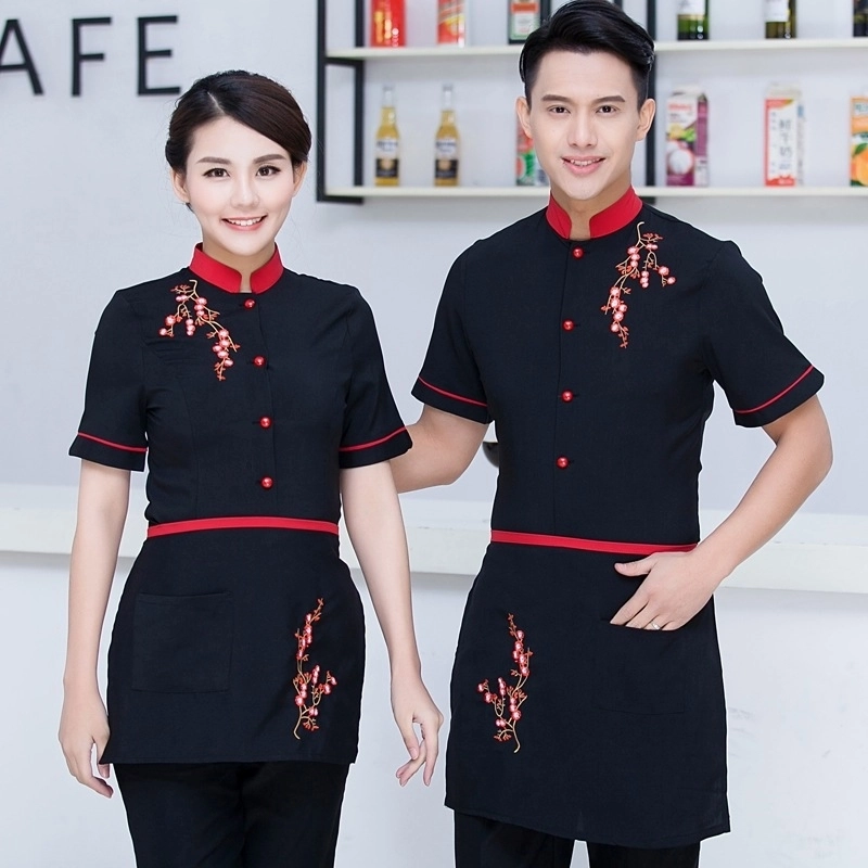 2025  buy waitress waiter from China tea house Chinese food restarant  staff uiform with Apron
