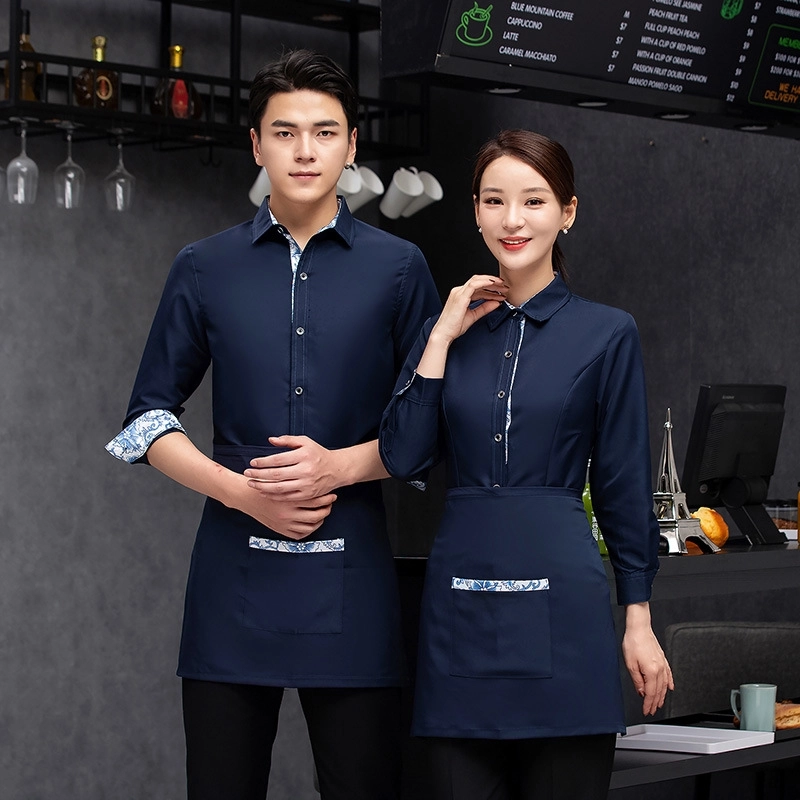 2025   new long sleeve navy store uniform tea house work jacket blouse with apron
