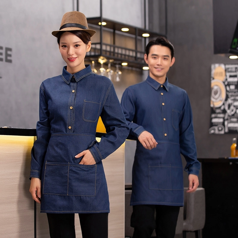 2025   spring fall long sleeve shirt uniform tea house  denim fabric waitress waiter  jacket