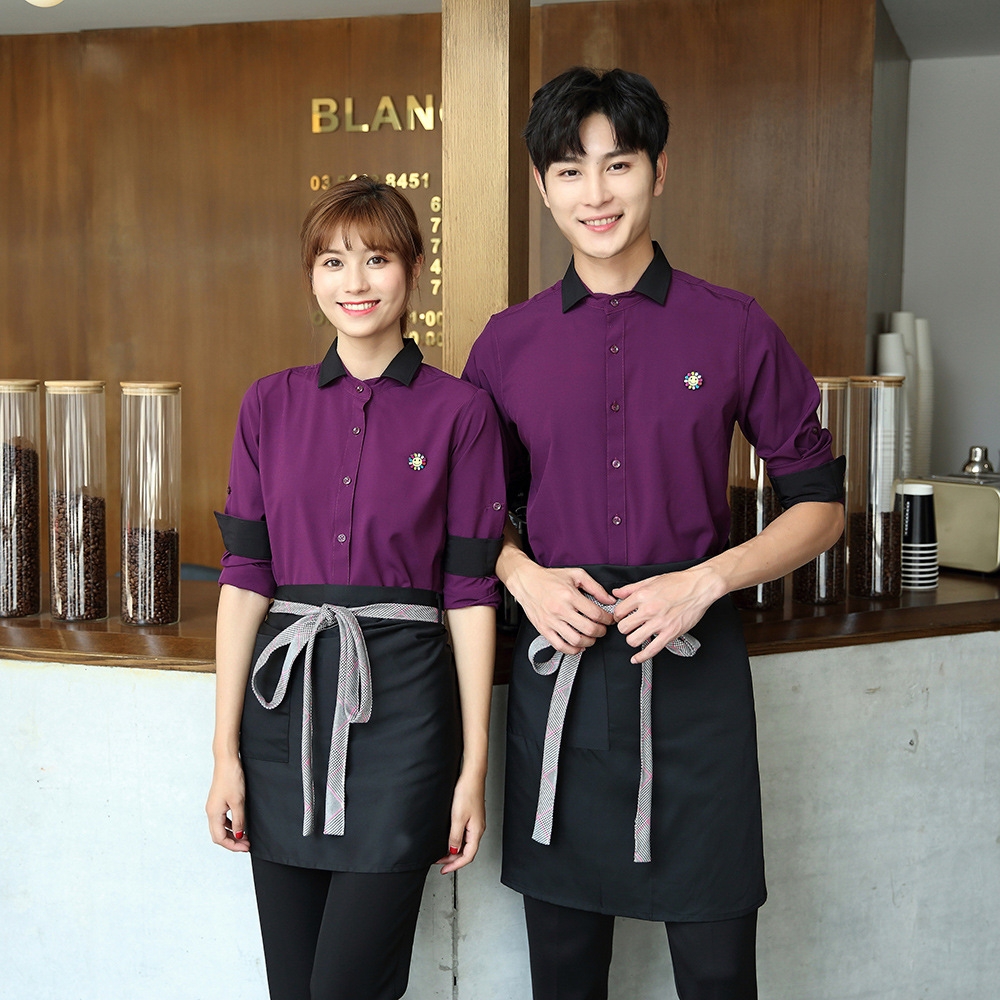 2022 hot sale purple color long sleeve caffee house restaurant dessert store waitress waiter  jacket shirt
