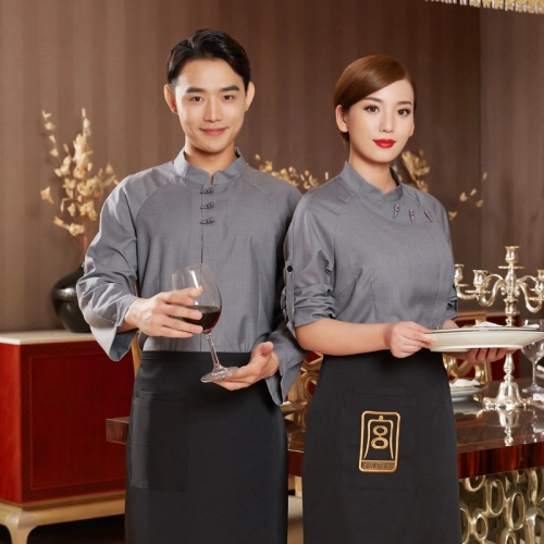 2025  long sleeve Chinese style cafe restaurant dessert store dark gray shirt workwear uniform