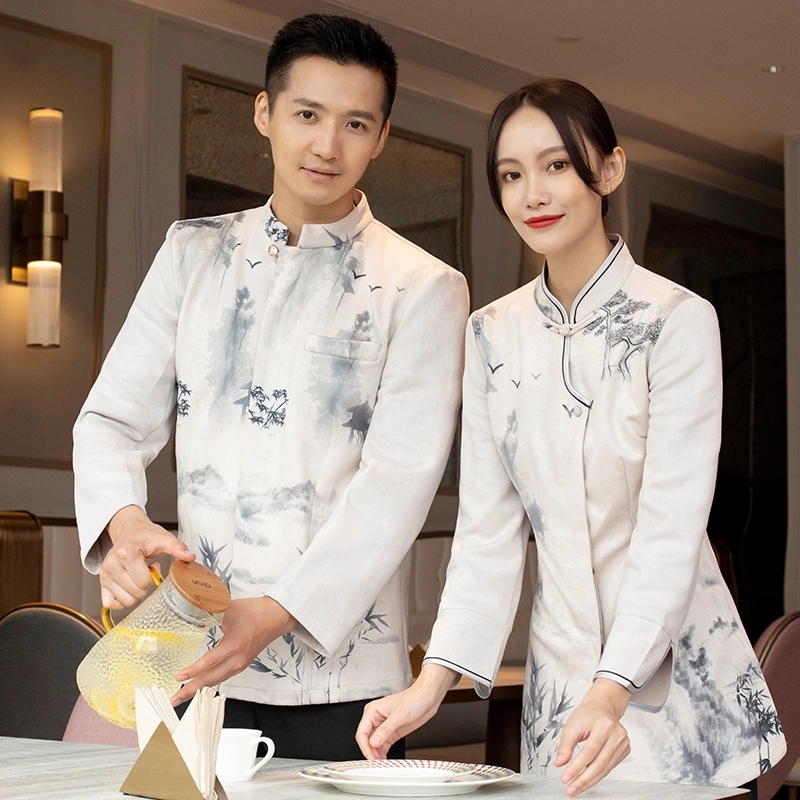 2025  traditional style painting  tea house work jacket hotel  staff hot pot store  blouse