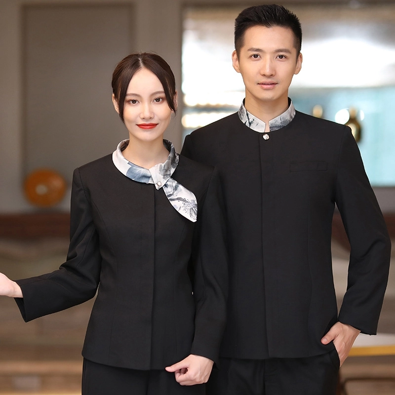 2025  traditional style black blouse  tea house work jacket hotel  staff hot pot store  blouse