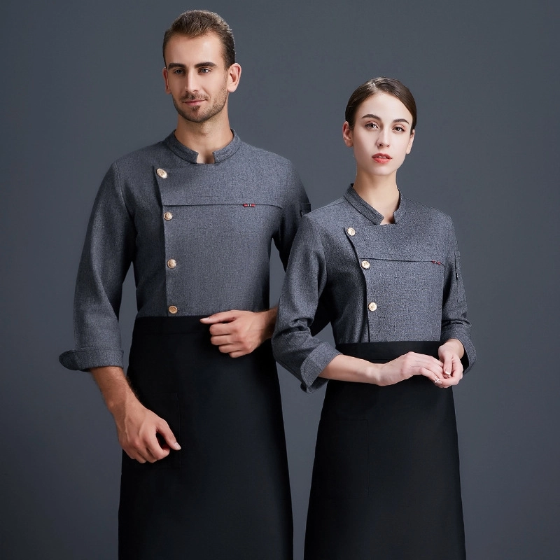 2025   long  sleeve  fashion unisex double breast baker jacket  gray denim coat  chef jacket uniform