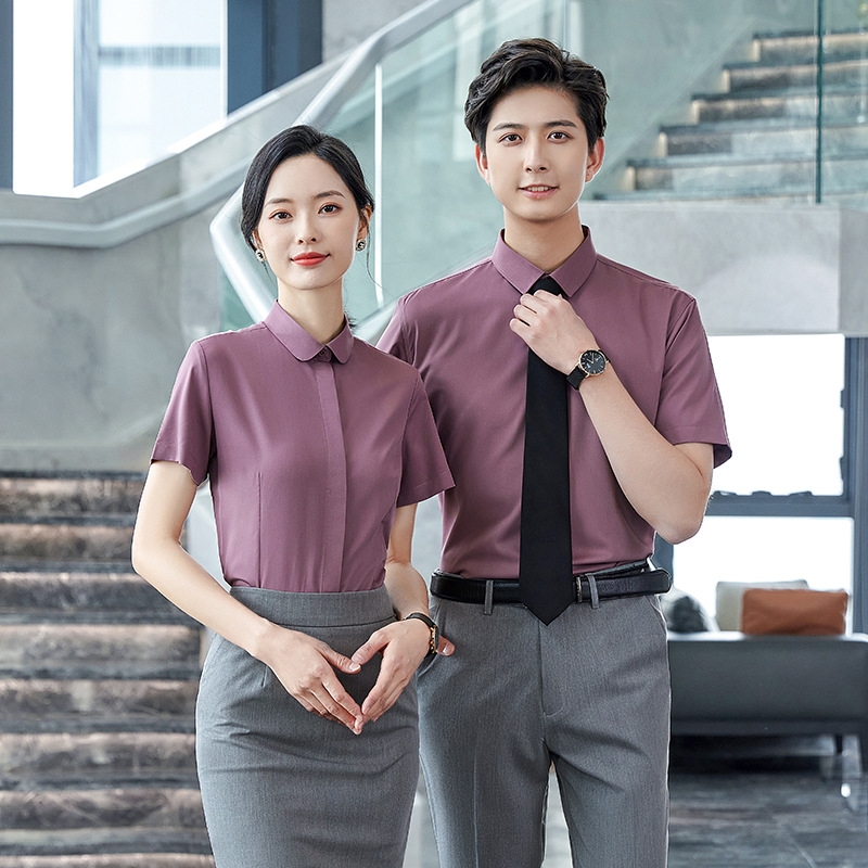 2022 short sleeve solid color office formal work  shirt for women men business shirt uniform