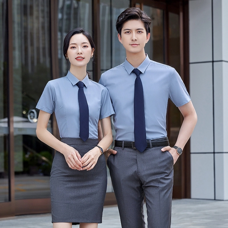 2025 short sleeve solid color office formal work  shirt for women men business shirt uniform