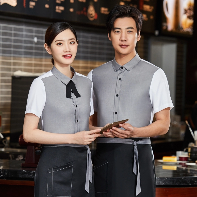 2025  fashion summer patchwork short sleeve  tea house  waitress waiter jacket cafe  wait staf uniform discount