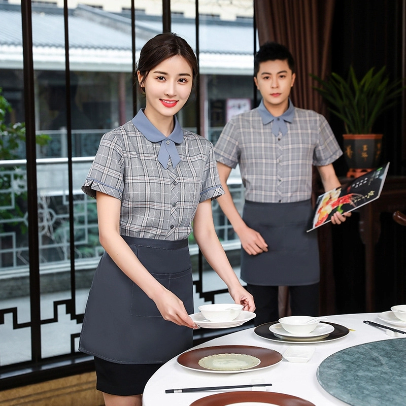 2025  checkered printing short sleeve  tea house/ hot pot men women waitress waiter jacket  wait staf uniform