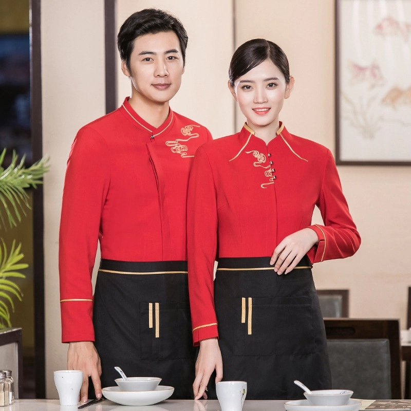 2025 Chinese design long sleeve  tea house/ hot pot  embroidery  waitress waiter jacket  wait staff blouse