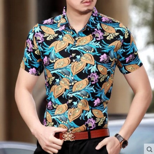 India style man's floral print short sleeve shirt