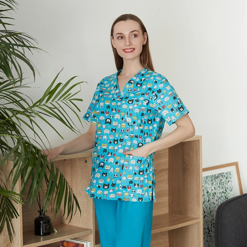 fashion cute cartoon animal fruit printing 100% cotton nurse work uniform scrubs suit jacket