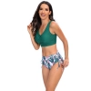 floral print wrap chest green top women swimwear two-piece swimsuit