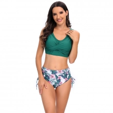 floral print wrap chest green top women swimwear two-piece swimsuit