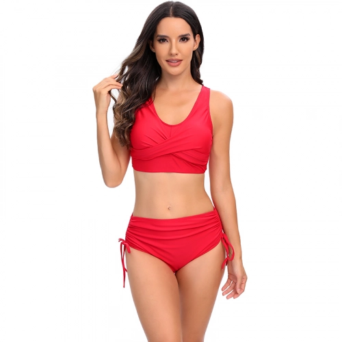 high quality wrap chest solid red bikini women swimwear two-piece swimsuit