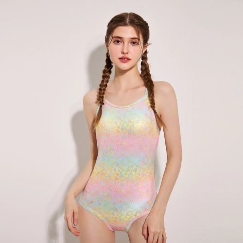 2025 rainbow lycra fabric printing young gril one-piece bikini swimwear DB01