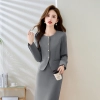 office fashion grey color young lady work suits jacket + dress set model 9923