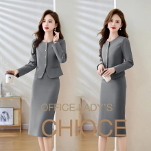 office fashion grey color young lady work suits jacket + dress set model 9923