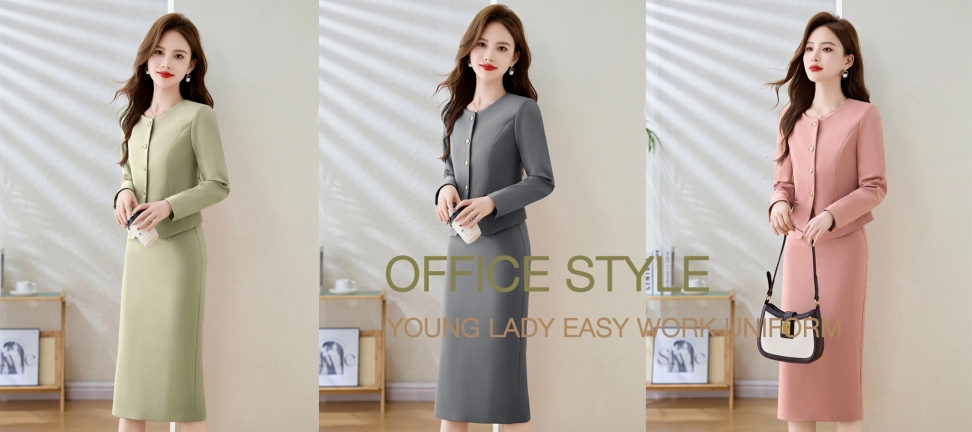 office fashion grey color young lady work suits jacket + dress set model 9923