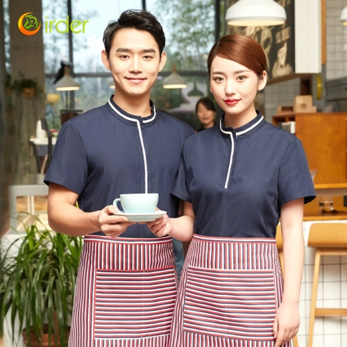 white hem navy bloue color short sleeve waiter uniform shirt pullover