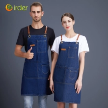 2025 Europe blue denim fabric dual packet long apron halter apron