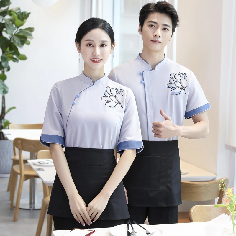2025 new design  lotus print women men waiter fu wu yuan workwear uniform