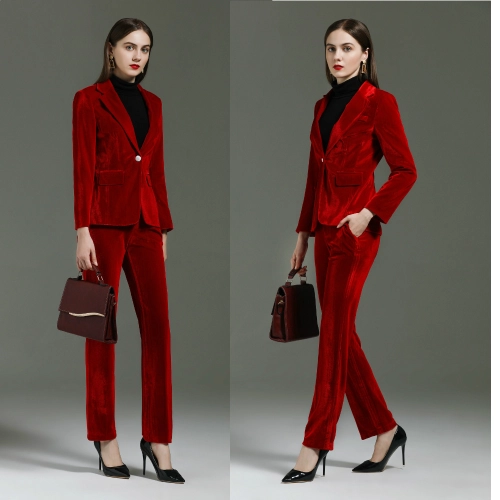 America hot sale red pleuche fabric long sleeve women pant suit bank clerk uniform