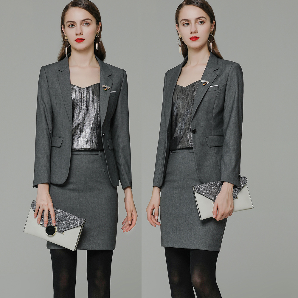 grey one button company work unform skirt suits Europe style